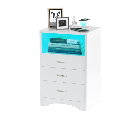 White Nightstand with Wireless Charging Station and LED Lights, Modern End Side Table with 3 Drawers, Wooden Cabinet Stand by Sofa, Bedside Tables for Bedroom with USB Ports Outlet - WoodArtSupply