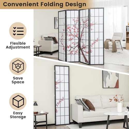GOFLAME Japanese Style 4 Panel Room Divider, 6ft Folding Shoji Screen Room Partition with Plum Blossom Design, Solid Wood Frame, Freestanding Wall Divider, Indoor Room Separator for Home Office GOFLAME