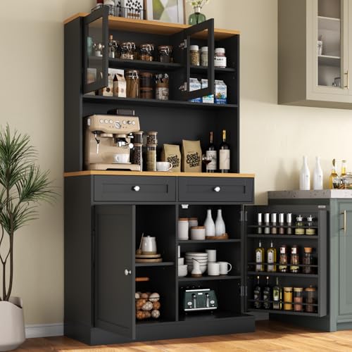Tall Pantry Cabinet, Modern Kitchen Hutch with Microwave Stand, Kitchen Pantry Storage Cabinet with 2 Darwers & Door Shelf, Food Pantry with Glass Doors & Adjustable Shelves for Dining Room, Black Gyfimoie