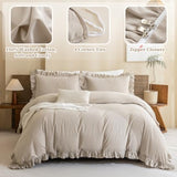 QSH Washed Cotton Duvet Cover King Ruffle Duvet Cover Linen Textured Farmhouse Shabby Vintage Chic Bedding Comforter Cover 3 PCs Aesthetic French Country Vintage King Bedding QSH