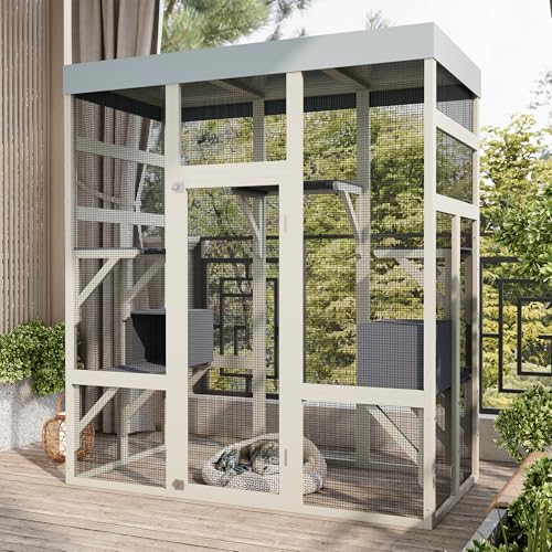 70.1" Gray Wooden Catio Outdoor Pet Enclosure - Spacious Secure Cat House with Waterproof Top, Black Rust-Proof Metal Wire & Small Animal Cage (Gray, 62.60x32.30x70.10) WoodArtSupply