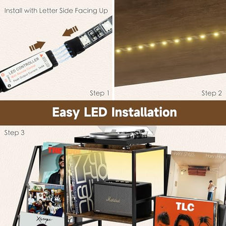 ZIFTY Record Player Stand Vinyl Storage with 6-Tier Display Holder LED Light Turntable Stand for 300 Albums Media Shelf Cabinet Stereo Cabinet Console for Vinyl Enthusiast Livingroom, Bedroom ZIFTY