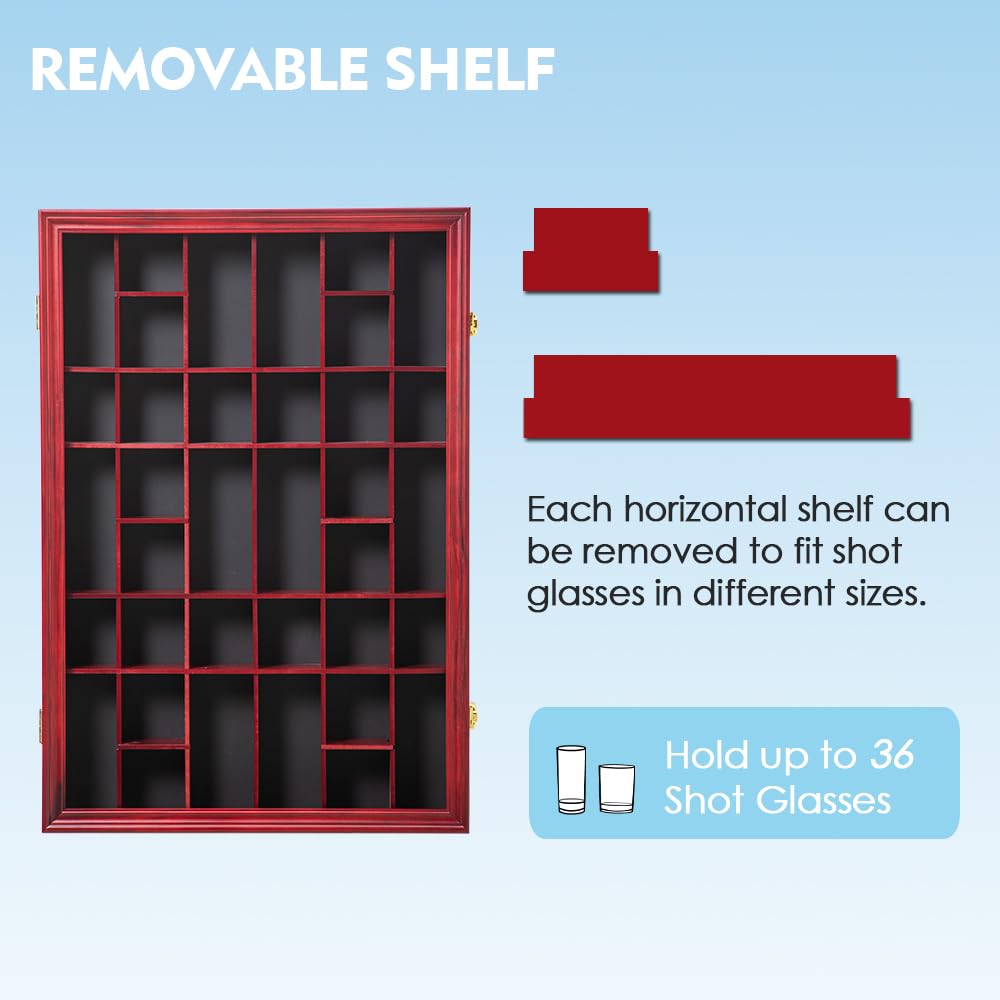 Furnishh 36 Slots Shot Glass Display Case with Lockable Door, Solid Wood Cabinet Collection Holder Wall Mounted Shot Glass Display Storage Box with Removable Shelves, 18"x26", Mahogany Furnishh