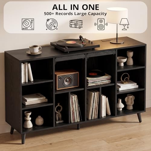 IRONCK Large Record Player Stand 55", Holds 600+ Vinyl Record Storage Cabinet with Charging Station, Mid Century Modern Turntable Stand for Living Room, Bedroom, Black IRONCK