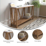 BizChair Farmhouse 2-Tier Console Table - Warm Oak Finish Engineered Wood Frame - Marble Finish Tabletop - for Entryway or Living Room BizChair