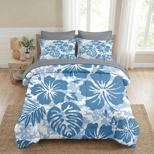 Nesker Comforter Set Full Size, Hawaiian Hawaii Flower 7 Pcs Bedding for Kids and Adults, Surf Hibiscus Floral Bed Sheet Sets with Fitted Sheet 2 Pillowcases & 2 Shams Nesker