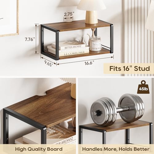 NANAGIFTREE Floating Nightstand Set of 2, Wood Bedside Shelf Wall Mounted Nightstand with Heavy-Duty Frame, Floating Bedside Table for Bedroom, Bathroom, Kitchen, (Vintage Brown, 2 Pack) NANAGIFTREE