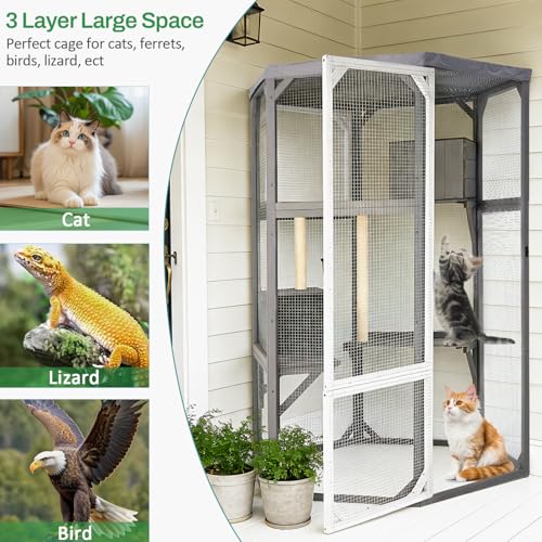Catio Outdoor Cat Enclosures, Large Wood Cat House, Cat Enclosure Connect to Window with 2 Resting Box, 2 Platforms, 2 Scratching Pole FurrParner