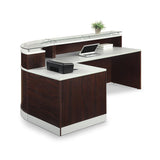 NBF L-Shaped Modern Reception Desk with Counter - 79" W x 63" D Retail Checkout Station - Curved Front Desk Reception Counter - Countertop Welcome Desk for Office Lobby Salon Store (Walnut) nbf signature series
