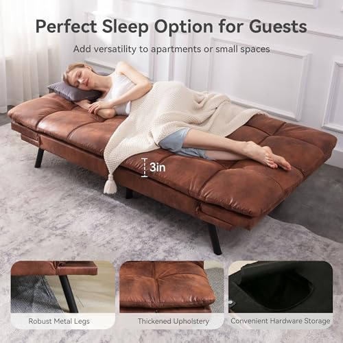 Erdoru Convertible Futon Sofa Bed,71" Modern Premium Faux Leather Futon Couch with Adjustable Backrest&Armrest,Small Loveseat Sleeper Sofa,Dorm Futonsofa for Apartment,Living Room,Whisky Brown Erdoru