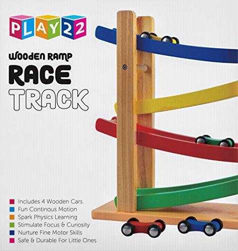 Play22 Wooden Car Ramps Race - 4 Level Toy Car Ramp Race Track Includes 4 Wooden Toy Cars - My First Baby Toys - Toddler Race Car Ramp Toy Set is A Great Gift for Boys and Girls - Original by Play22 Play22