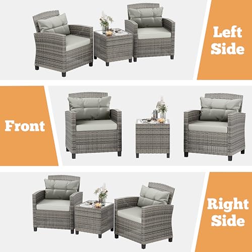 Shintenchi 3 Pieces Patio Furniture Set 3 Pieces PE Rattan Wicker Chairs with Table Outdoor Furniture for Backyard/Garden/Poolside/Outdoor Restaurant Gary Rattan with Gary Cushion Shintenchi