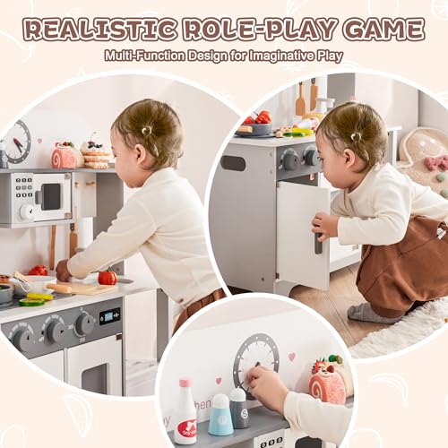 Play Wooden Kitchen Sets for Kids, Toddler Kitchen Playset, Chef Pretend Kitchen with Plenty of Play Features, Toy Kitchen with Toy Food & Cookware Accessories, Gift for Boys Girls