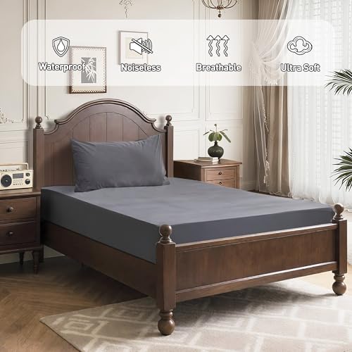 QUWOU Queen Mattress Protector Waterproof Mattress Cover with 18" Deep Pocket Bed Cover, Fitted Sheet Style Noiseless Breathable Machine Washable, Dark Gray (60'' X 80'') QUWOU