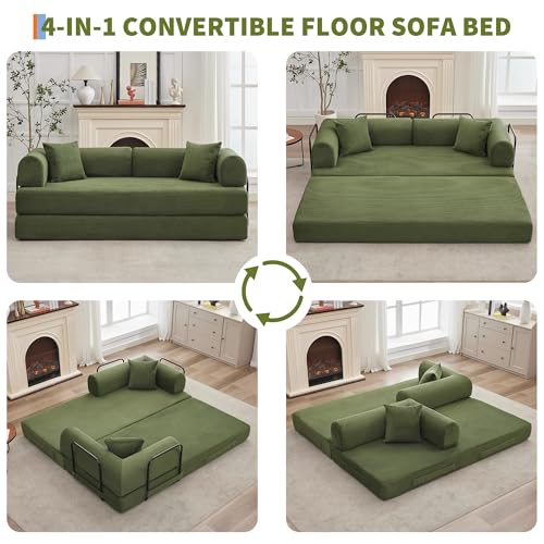 IDEALHOUSE 4 in 1 Convertible Sleeper Sofa Bed Couch, 79 Inch Boneless Corduroy Floor Couch with Pillows, No Assembly, Modern Deep Seat Sofa Futon Mattress for Living Room,Apartment,Green IDEALHOUSE