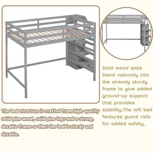 Full Size Loft Bed with Stairs and Built-in Storage Wardrobe, Wood Loft Bed Frame with Storage Shelves and Hanging Rod Gray Loft Beds for Kids Boys Girls Adults Teens Dorm Bedroom Bellemave