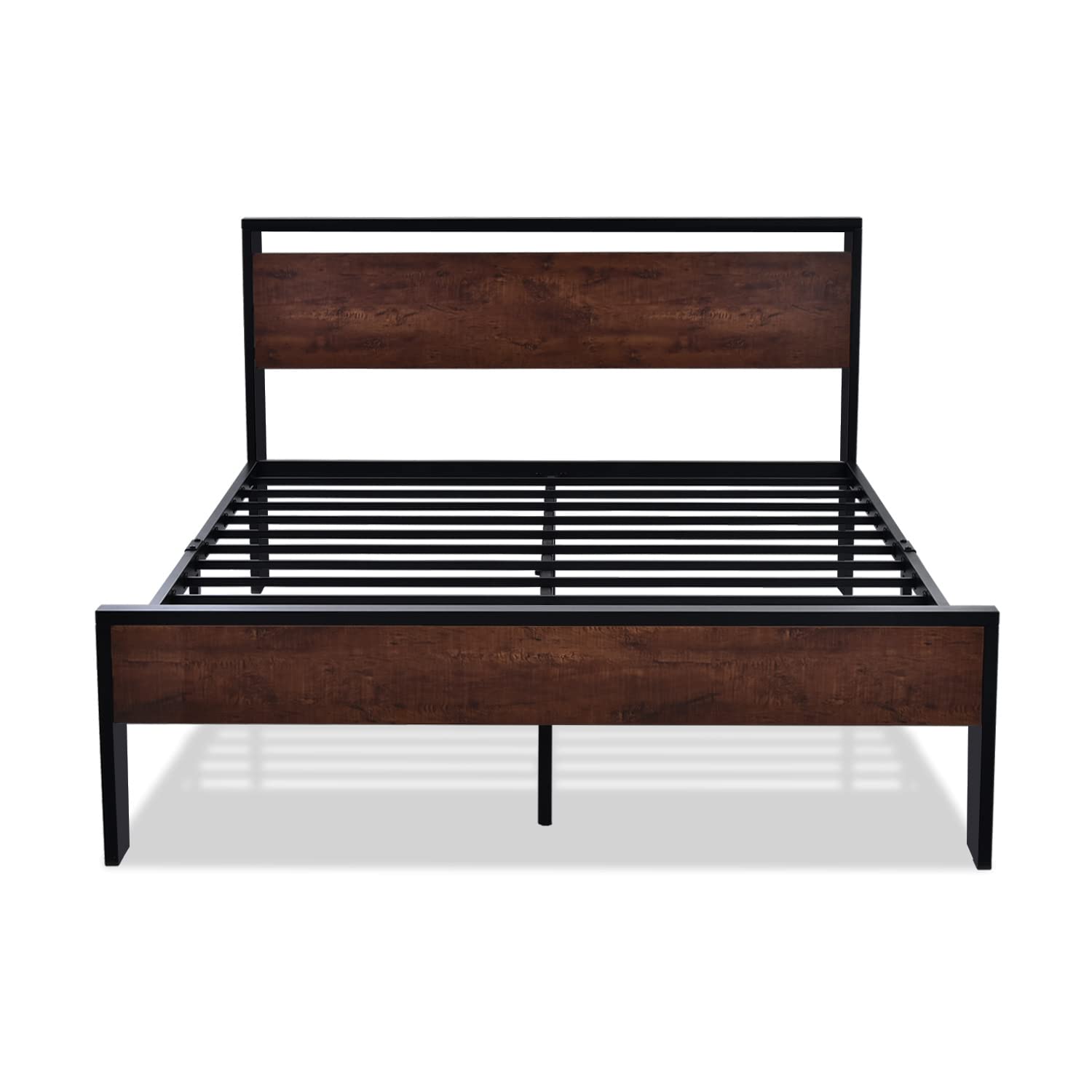 SHA CERLIN 14-Inch Queen Metal Platform Bed with Wooden Headboard and Footboard, No Box Spring Required, Mahogany Finish - WoodArtSupply