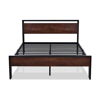 SHA CERLIN 14-Inch Queen Metal Platform Bed with Wooden Headboard and Footboard, No Box Spring Required, Mahogany Finish - WoodArtSupply