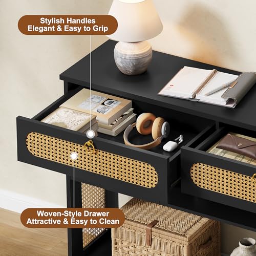 Hoctieon Rattan Console Table with 2 Drawers, 3-Tier Boho Woven Entryway Table with Back Panel and Open Storage Shelf, 40" Wood Narrow Long Sofa Tables for Hallway, Foyer, Living Room, Black Hoctieon