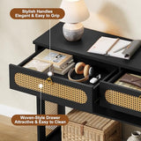 Hoctieon Rattan Console Table with 2 Drawers, 3-Tier Boho Woven Entryway Table with Back Panel and Open Storage Shelf, 40" Wood Narrow Long Sofa Tables for Hallway, Foyer, Living Room, Black Hoctieon