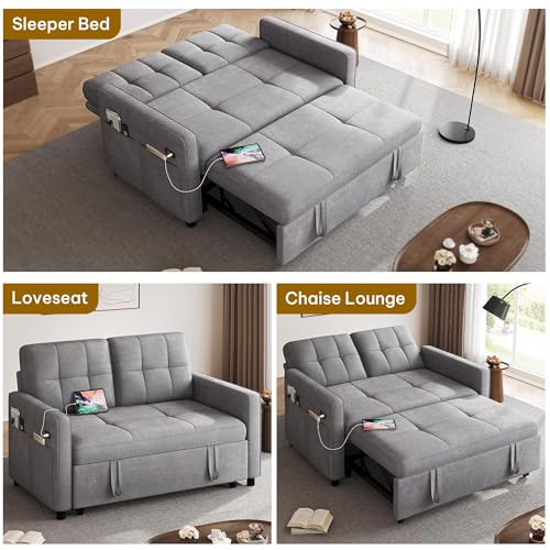 DWVO 55" Convertible Sofa Bed, 3-in-1 Sleeper Sofa with Pull-Out Couch, Velvet Futon Couch with Adjustable Backrest and USB, Modern Loveseat for Living Room Apartment, Light Grey DWVO