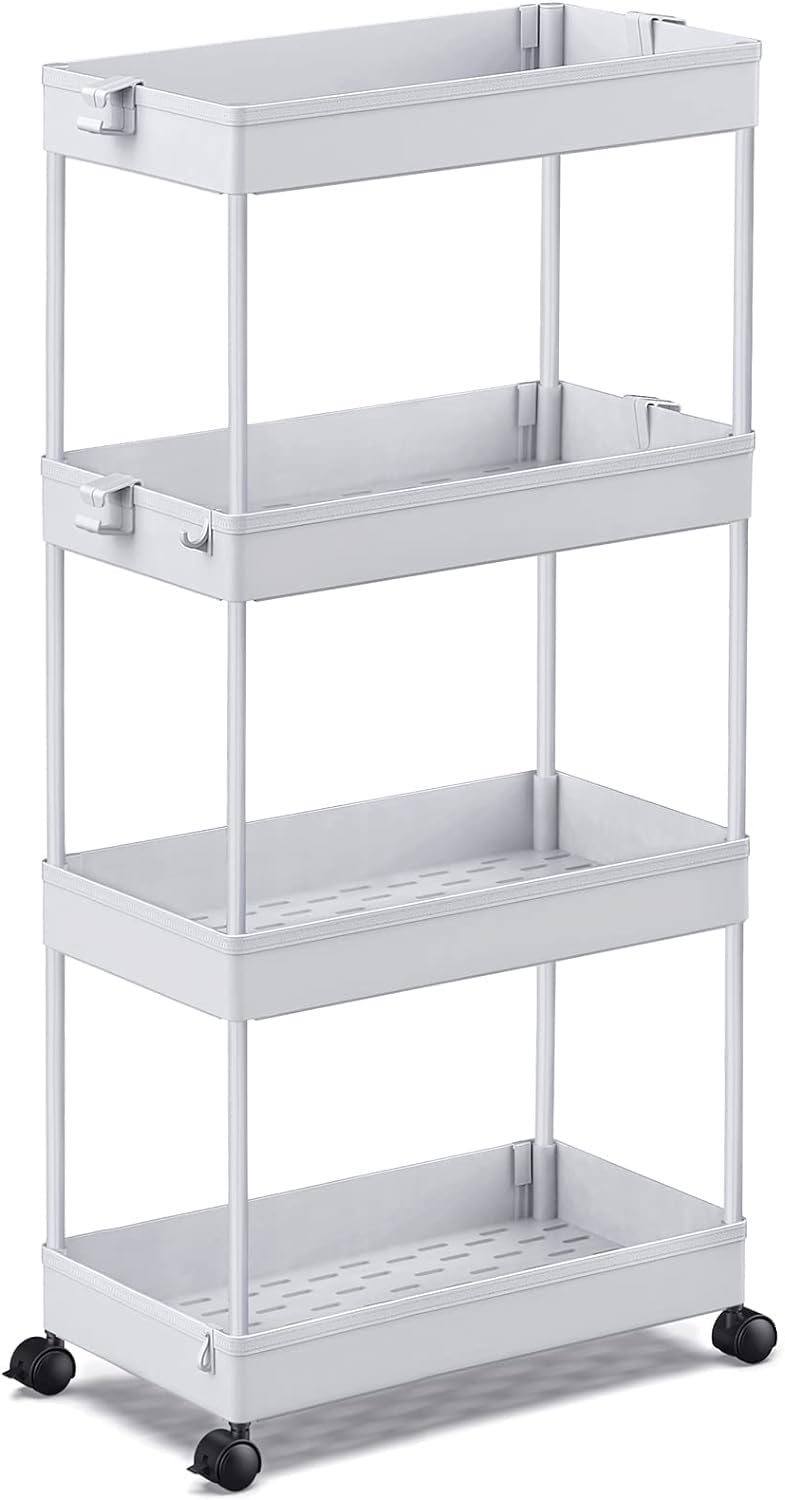 SPACEKEEPER Storage Cart, 4-Tier Mobile Shelving Unit, Bathroom Rolling Cart Utility Storage Organizer Shelf for Kitchen Living Room Bathroom Laundry Room & Dressers, Gray SPACEKEEPER