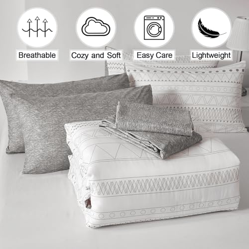 WONGS BEDDING Boho Comforter Set King Size,7 Pieces Grey White Geometric Bohemian Bed in a Bag Comforter Complete Striped Bedding Set for All Season with Sheets,Pillowcases & Shams Soft Microfiber WONGS BEDDING