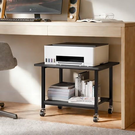 niffgaff Printer Stand with Lockable Wheels, 2-Tier Rolling Printer Cart with Storage Shelf, Compact Wood & Metal Printer Table for Home Office, Black, 20.1'' ×15.4'' ×14.6'' niffgaff
