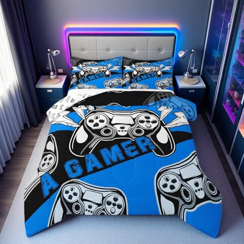 Erosebridal Twin Comforter Set for Boys Girls Kids, Gamer Comforter Set for Boys Teens, Gaming Console Bedding Decor Blue Black 2Pcs Erosebridal