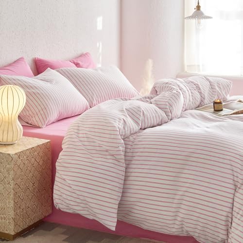 Wake In Cloud - Striped Cotton Duvet Cover Set, Ticking Stripe Vertical Pinstripe Farmhouse, 100% Washed Cotton Textured Percale Bedding Set, 3 Pieces, Pink White, Full Size Wake In Cloud