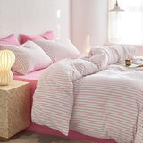 Wake In Cloud - Striped Cotton Duvet Cover Set, Ticking Stripe Vertical Pinstripe Farmhouse, 100% Washed Cotton Textured Percale Bedding Set, 3 Pieces, Pink White, Full Size Wake In Cloud