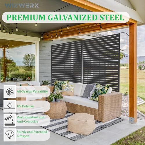 6FT Outdoor Metal Privacy Screen – Decorative Privacy Fence and Room/Garden Divider, Weather-Resistant Freestanding Panel with Stand, Durable Steel for Patio, Garden, Balcony, or Backyard WIZWERK