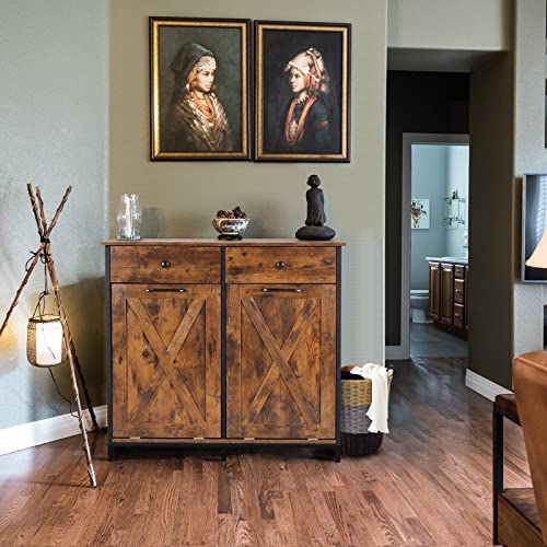 UEV Double Barn Door Style Trash Cabinet, Double Tilt Out Trash Cabinet with Solid Hideaway Drawer,Rustic Kitchen Trash Cabinet,Free Standing Wooden Kitchen Recycling Cabinet Trash Can Holder UEV