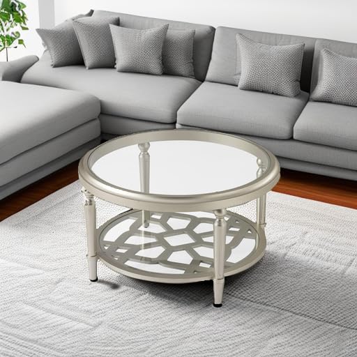 COSIEST Glass Coffee Table, 32" Round Coffee Tables with Storage, 2-Tier Glass Top, Clear Coffee Table, Simple & Modern Center Table for Living Room or Home Office (Champagne) COSIEST