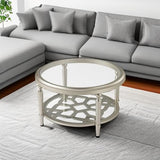 COSIEST Glass Coffee Table, 32" Round Coffee Tables with Storage, 2-Tier Glass Top, Clear Coffee Table, Simple & Modern Center Table for Living Room or Home Office (Champagne) COSIEST