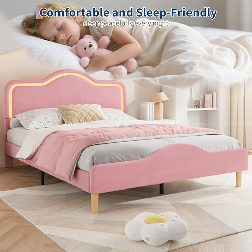 GarveeHome Full Size LED Bed Frame with Adjustable Headboard & Footboard, Velvet Upholstered Princess Platform Bedframe for Kids/Girls, Wooden Slats Support, No Box Spring Needed, Easy Assembly GarveeHome