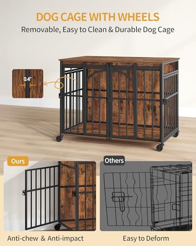 Hzuaneri 37.4" Dog Crate Furniture with Wheels, Wooden Pet Cage Indoor with Barn Door, L Dog Kennel Heavy Duty, Decorative Pet Crate for Small/Medium Dogs, End Table TV Stand, Rustic Brown DFC86201B Hzuaneri