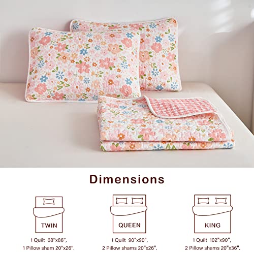 Joyreap 2 Pieces Cotton Quilt Set for Girls, Twin Size Floral Pink Flowers Design, Cozy Lightweight Quilt Bedspread Bed Cover for All Season, 1 Quilt and 1 Pillow Sham- 68x86 inches Joyreap