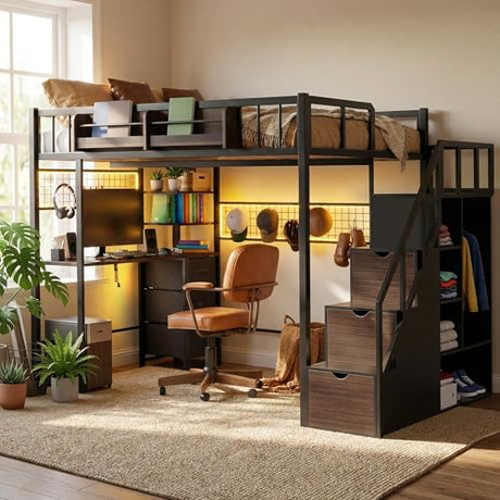 Full Size Loft Bed with Desk and Stairs, Headboard, Wardrobe, Bedside Storage Shelf, 6 Drawers, Charging Station & LED Light, Metal Gaming Loft Bed Frame for Adult Space-Saving, Black & Walnut Kikihouse