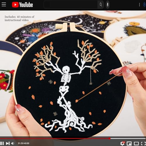 Fall Maple Leaf Embroidery Starter Kits for Beginners Adults, Halloween Stamped Cross Stitch Kit for Beginners Adults, Skeleton Embroidery Needlepoint Kit, 2 Embroidery Hoops (Attached Video Tutorial)