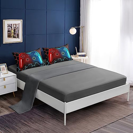 5 Pieces Bed in a Bag for Boys Bedding Sets Twin Size,Gamer Comforter Sets for Boys Kids, Gaming Comforter Set for Teens Room Decor with Flat Sheet,Fitted Sheet,Pillowcase,Cushion Cover lris Bedding