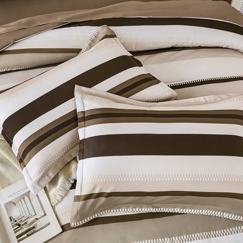 WONGS BEDDING Comforter Queen Size, Brown 7 Pieces Comforter for Queen Bed Striped Bed in a Bag Soft Bedding Comforter Set for All Season(90"×90") WONGS BEDDING