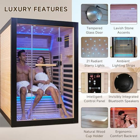 RIGO 2 Person Infrared Sauna for Home - Canadian Hemlock Luxury Spa with Exclusive Star Sky Roof & Oxygen Bar, 7 Low EMF Graphene Heaters, Bluetooth RIGO