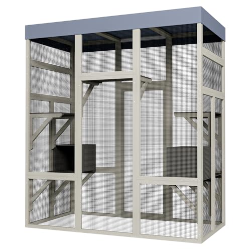 YOPTO 62.6" Outdoor Cat House Big Catio Wooden Cat Shelter Enclosure with Platforms,Upgrade Waterproof Cover,Rust-Proof Metal Wire,Grey YOPTO
