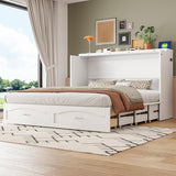 MERITLINE Queen Size Murphy Bed with Storage Drawer Wood Home Office Wall Bed Cabinet with Sockets & USB Ports, Space-Saving for Multipurpose Guest Room White MERITLINE