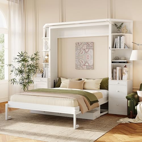 Merax Queen Size Murphy Bed with Desk and Storage, Hidden Foldable Wall Bed with Foldout Workstation, Shelves and Cabinets for Space-Saving Home Office Guest Room, White Merax