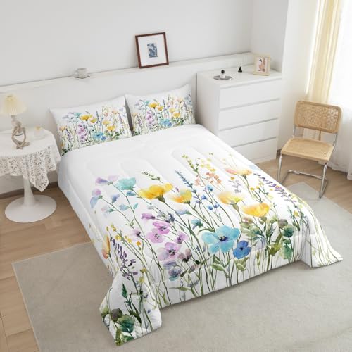 Erosebridal Spring Flower Comforter Set Twin Size, Beautiful Floral Bedding Set Natural Botanical Wildflower Quilt Rustic Farmhouse Duvet Insert for Teens Adult Women Bedroom, Aesthetic Decor Erosebridal
