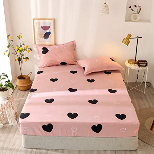 Girls Cute Heart Pattern Fitted Sheet for Kids Queen Size Lovely Pink Black Bedroom Decor Bed Sheet Set Girly Cartoon Love Geometric Bedding Set Children Modern Design Bed Cover with 2 Pillow Case Feelyou