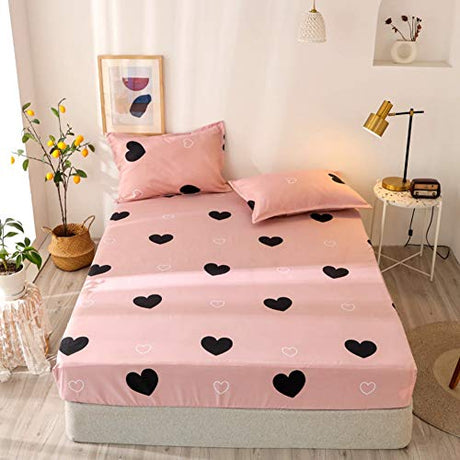 Girls Cute Heart Pattern Fitted Sheet for Kids Queen Size Lovely Pink Black Bedroom Decor Bed Sheet Set Girly Cartoon Love Geometric Bedding Set Children Modern Design Bed Cover with 2 Pillow Case Feelyou
