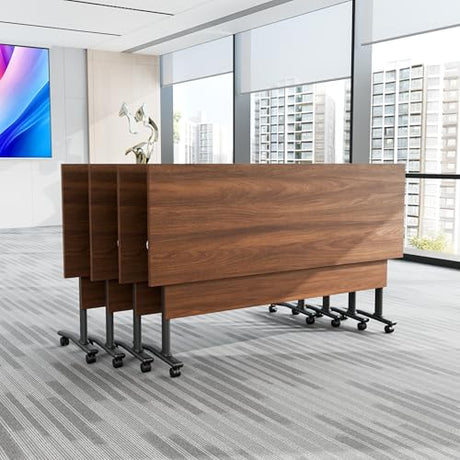 6Packs Folding Conference Table with Silent Wheels,Mobile Flip Top Meeting Room Table for Office Training and Classroom,Foldable Modular Rolling Desk for Home Office,Walnut Space-Saving Rectangular JFazzruit
